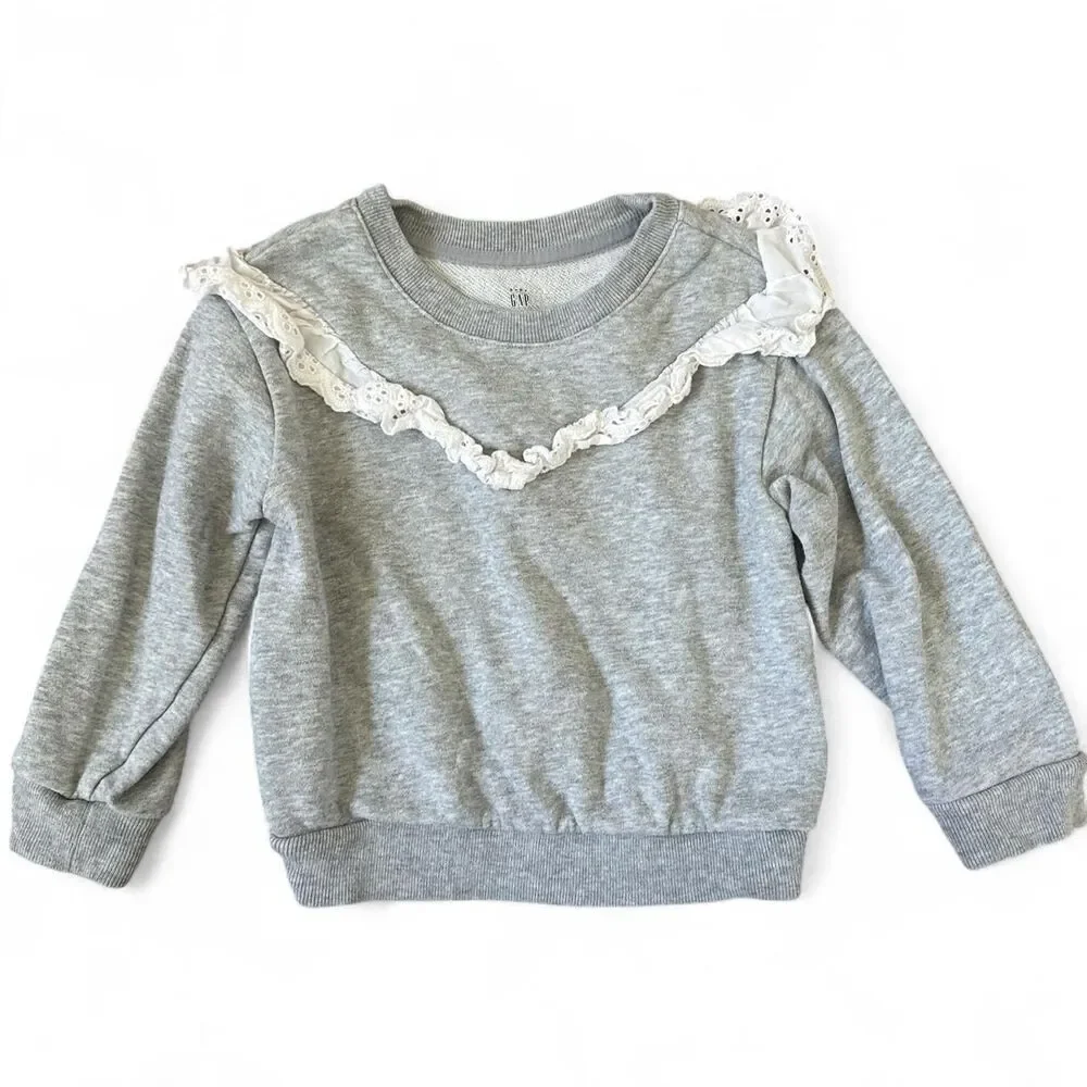 Gap Toddler Girl Gray Ruffle Lace Sweatshirt 2T | Cozy Pullover